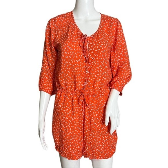 Auguste the Label Romper Womens 2 Orange White Floral Button Top Casual Bohemian - Picture 1 of 8